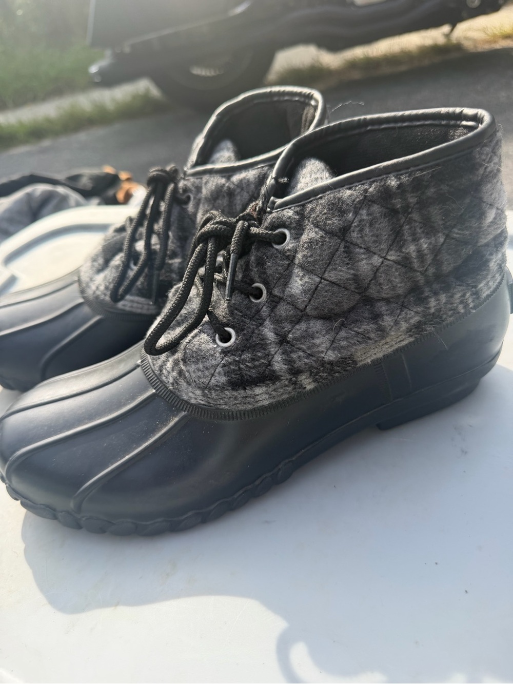 St. John's Bay Black and Gray Quilted Lace-Up Duck Booties
